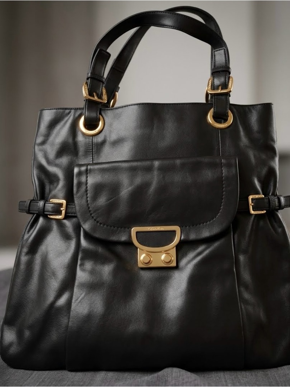 Calvin Klein Black Leather Tote with Gold Hardware Accent